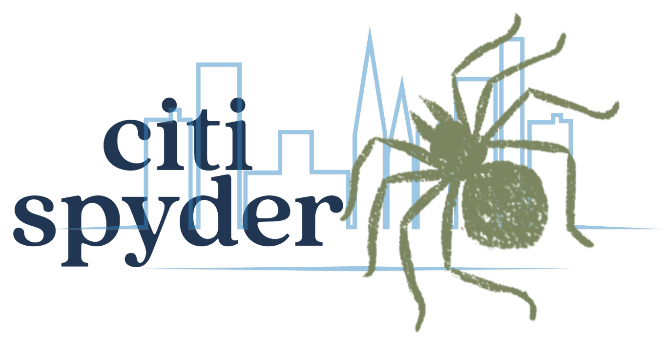 citi spyder logo is name in dark blue left of green spider over light blue city skyline outline